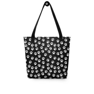 White Paw Prints over Black Tote Bag